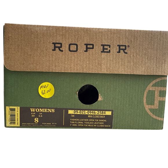 Roper Mika Mule Heels Floral Tooled Tan Leather Women's 8 Open Toe Buckle Close - Picture 12 of 12